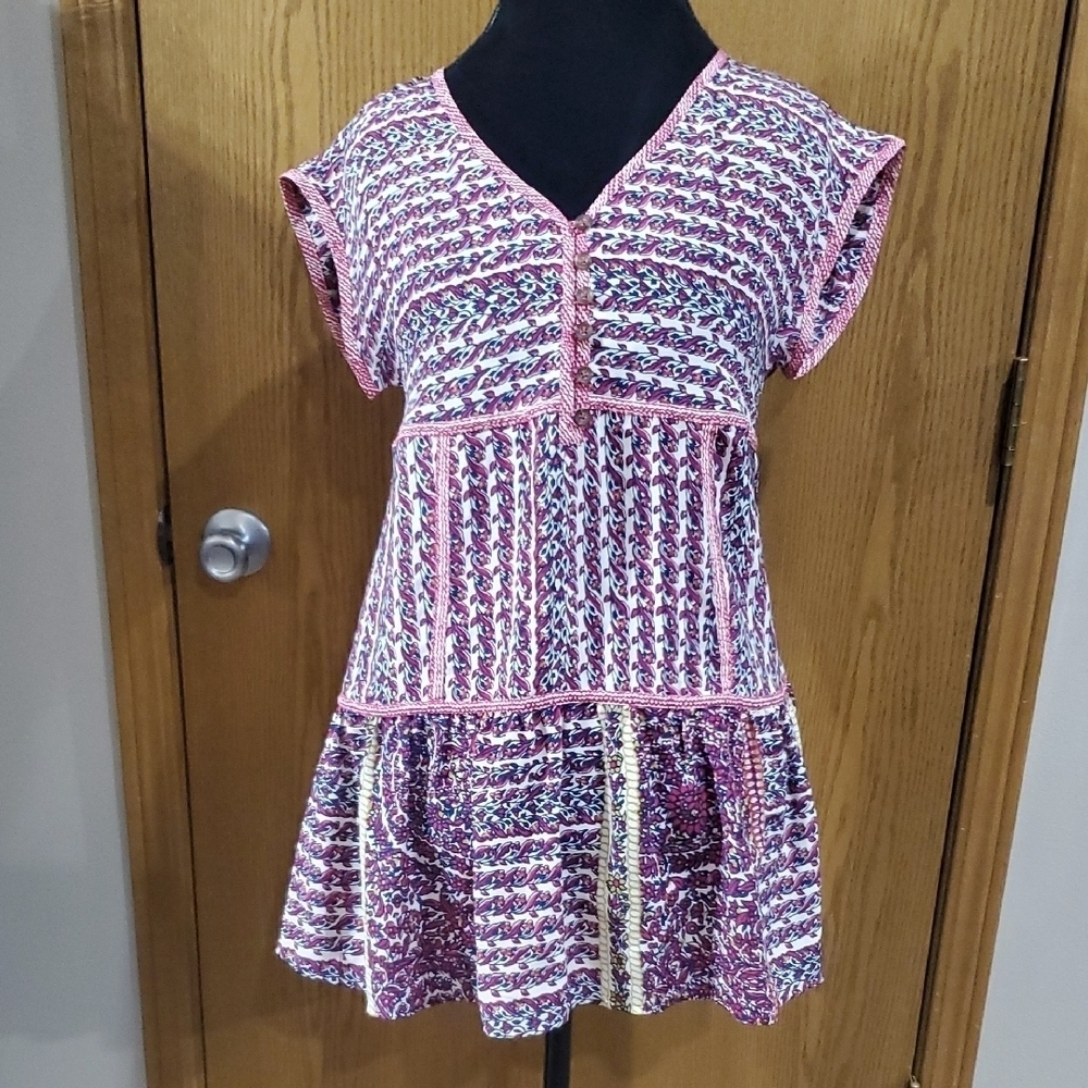 Maeve By Anthropologie Pink and White Silk Boho Flutter Sleeve Graphic Blouse